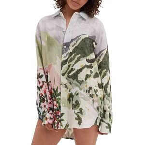 Desmond & Dempsey Linen Lounge Shirt Womens S Multi Floral Vacation Travel NWT